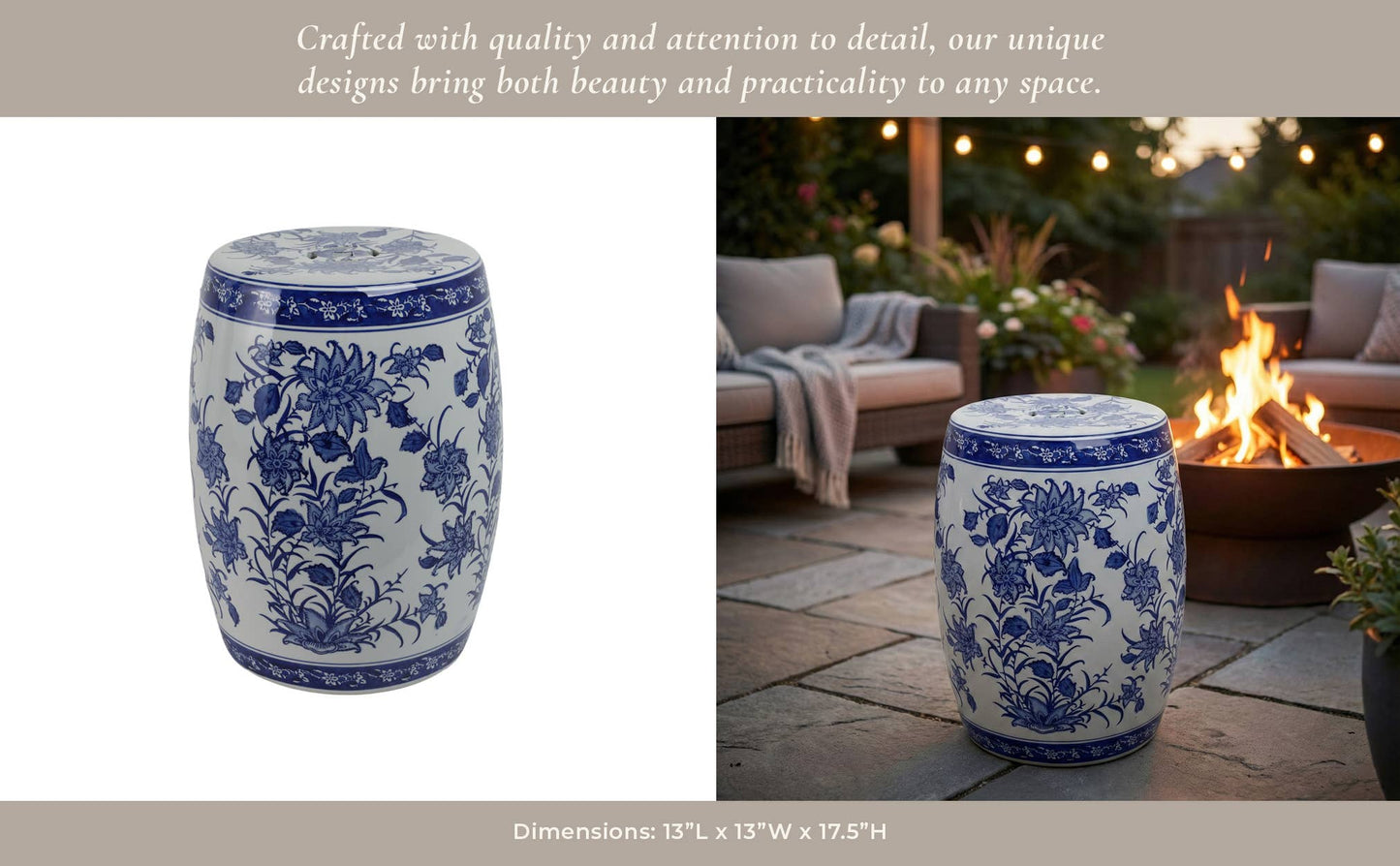 Stool - Blue Ceramic Pinwheel Flower Chinoiserie, 18 in.
