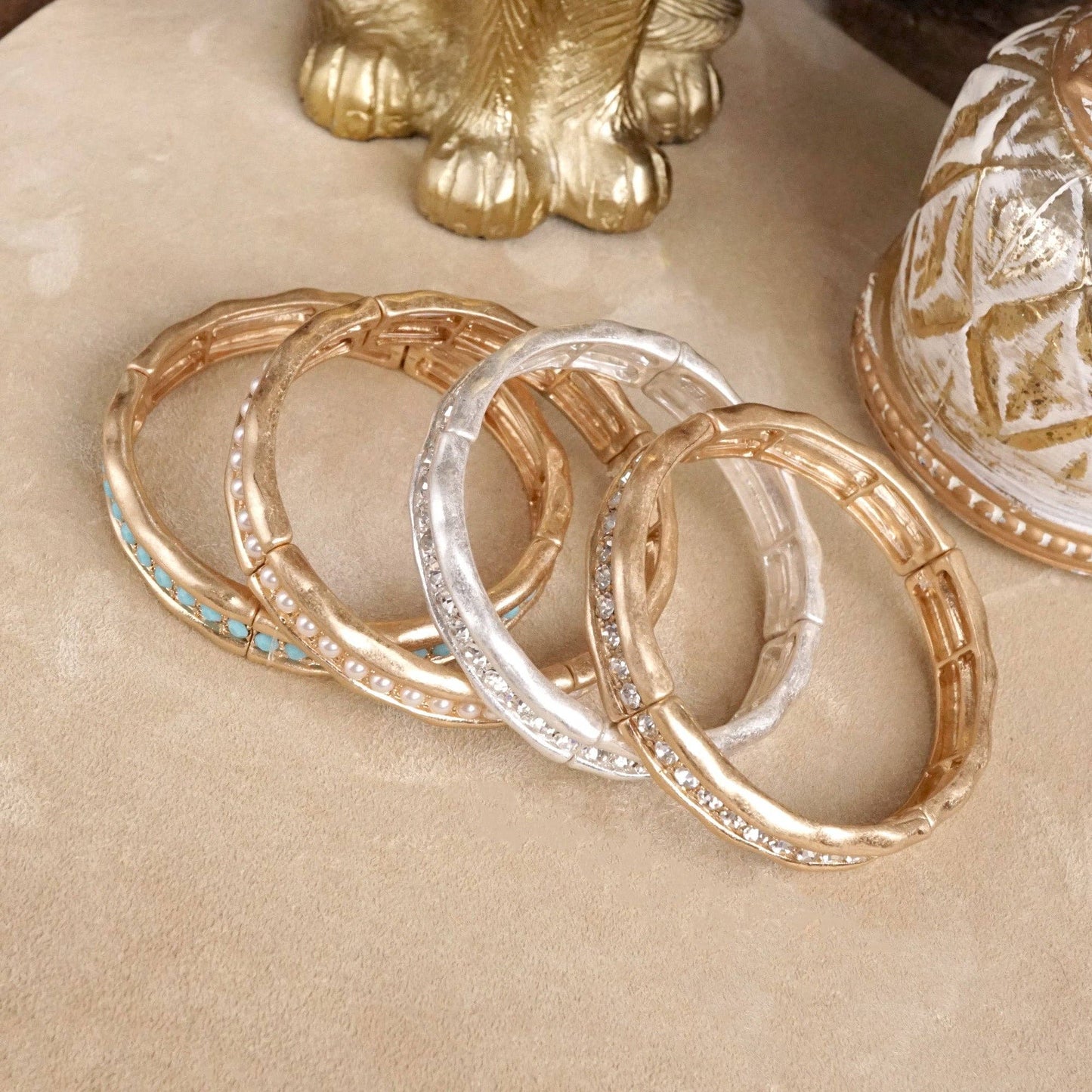 Minimalist Crystal & Pearl Bangle Bracelet – Brushed Gold or Silver