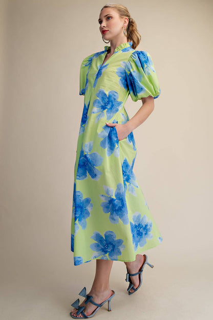 Ruffle V-Neck Puff Sleeve Waist Pleated Midi Dress