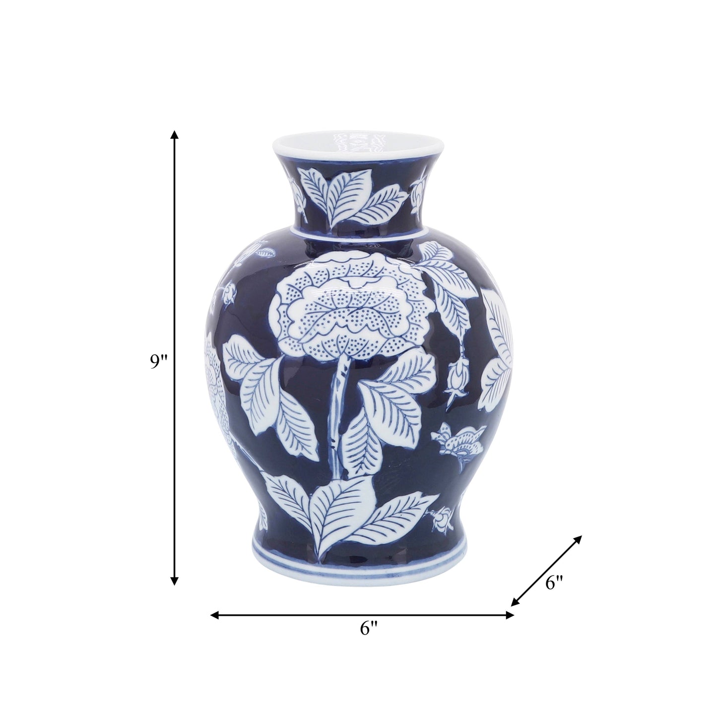Decorative Vase - Blue Ceramic Floral Chinoiserie, 9 in.