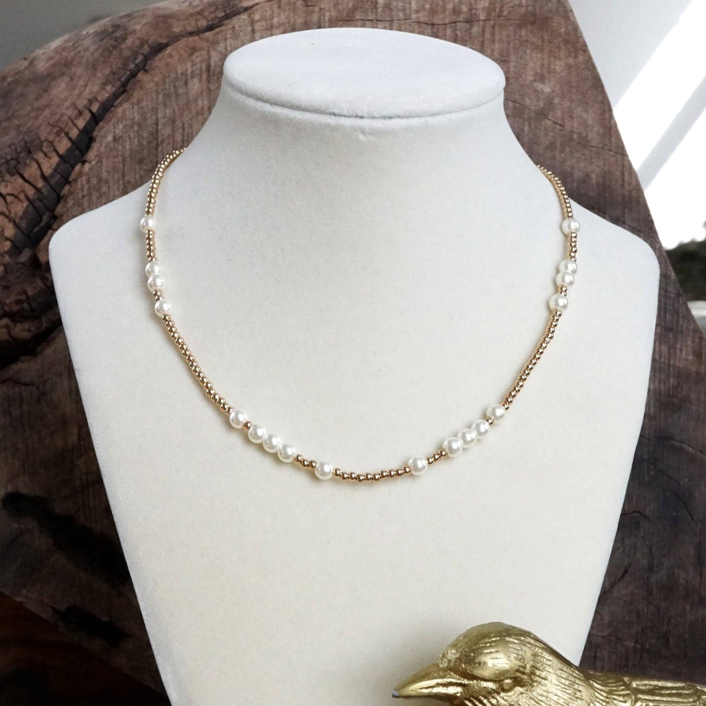Short Dainty Necklace - Pearls and Ball Beads in Gold Tone