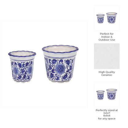 Ceramic Chinoiserie Pot Planters Set of 2 - Blue, 6/8 in.