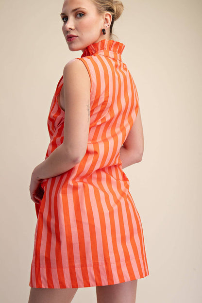 Ruffle Neck Sleeveless Waist Tie Detail Stripe Mini Dress