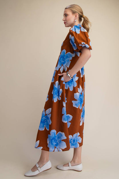 Ruffle V-Neck Puff Sleeve Waist Pleated Midi Dress