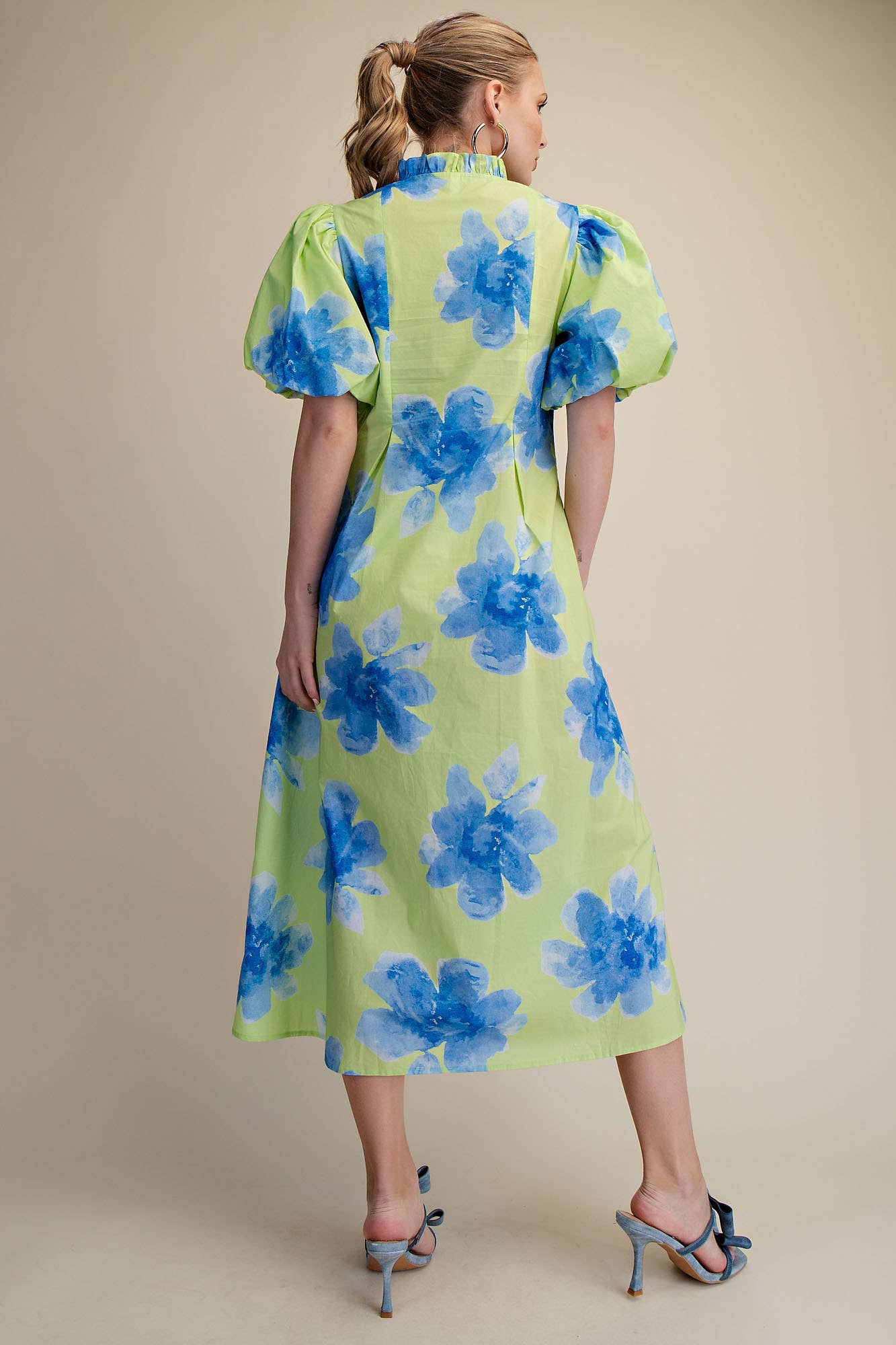Ruffle V-Neck Puff Sleeve Waist Pleated Midi Dress