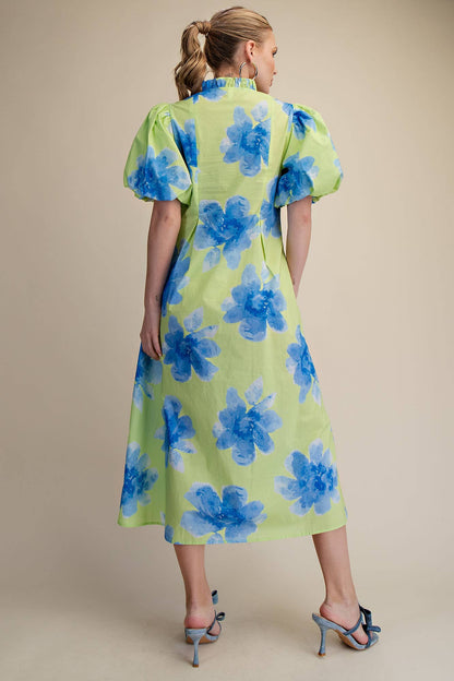 Ruffle V-Neck Puff Sleeve Waist Pleated Midi Dress