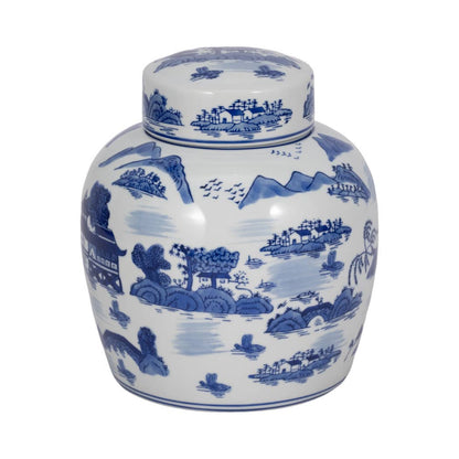 Decorative Jar - Blue Ceramic Accent Round Lidded, 10 in.