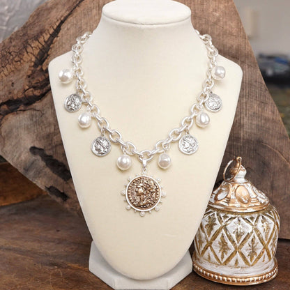 Boho Coin and Pearl Charms Statement Necklace – Gold and Silver Tone