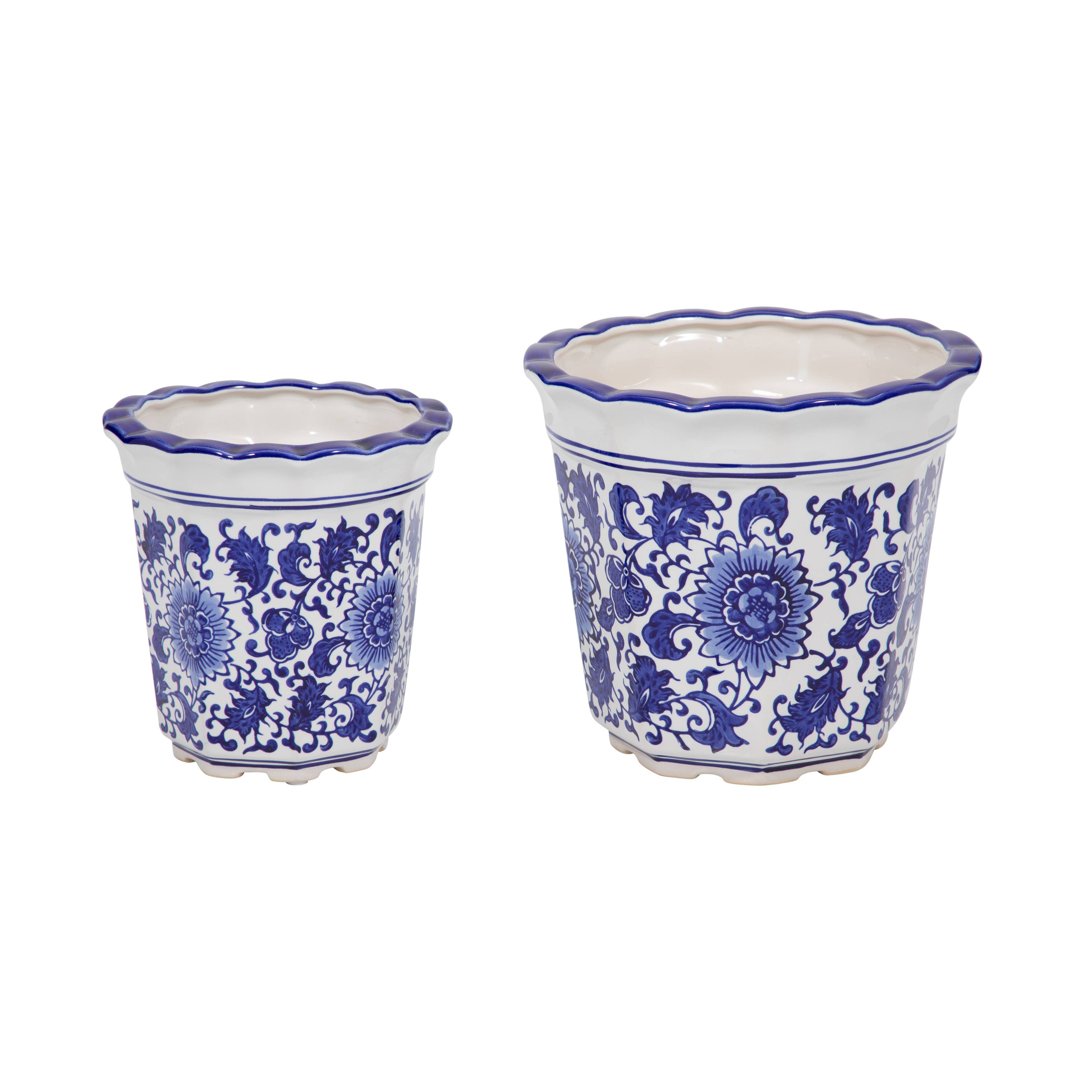 Ceramic Chinoiserie Pot Planters Set of 2 - Blue, 6/8 in.