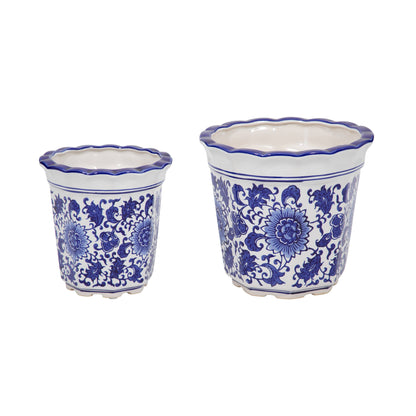 Ceramic Chinoiserie Pot Planters Set of 2 - Blue, 6/8 in.