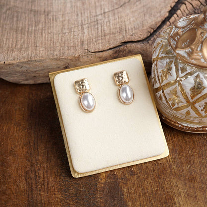 Quiet Gleam – Hammered Cabochon Stud Drop Earrings