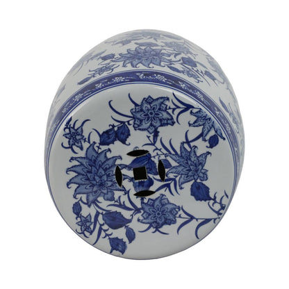 Stool - Blue Ceramic Pinwheel Flower Chinoiserie, 18 in.