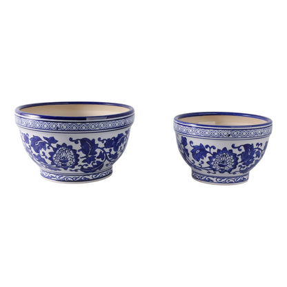 Planters Set of 2 - Blue/White Ceramic Chinoiserie, 9/11 in.