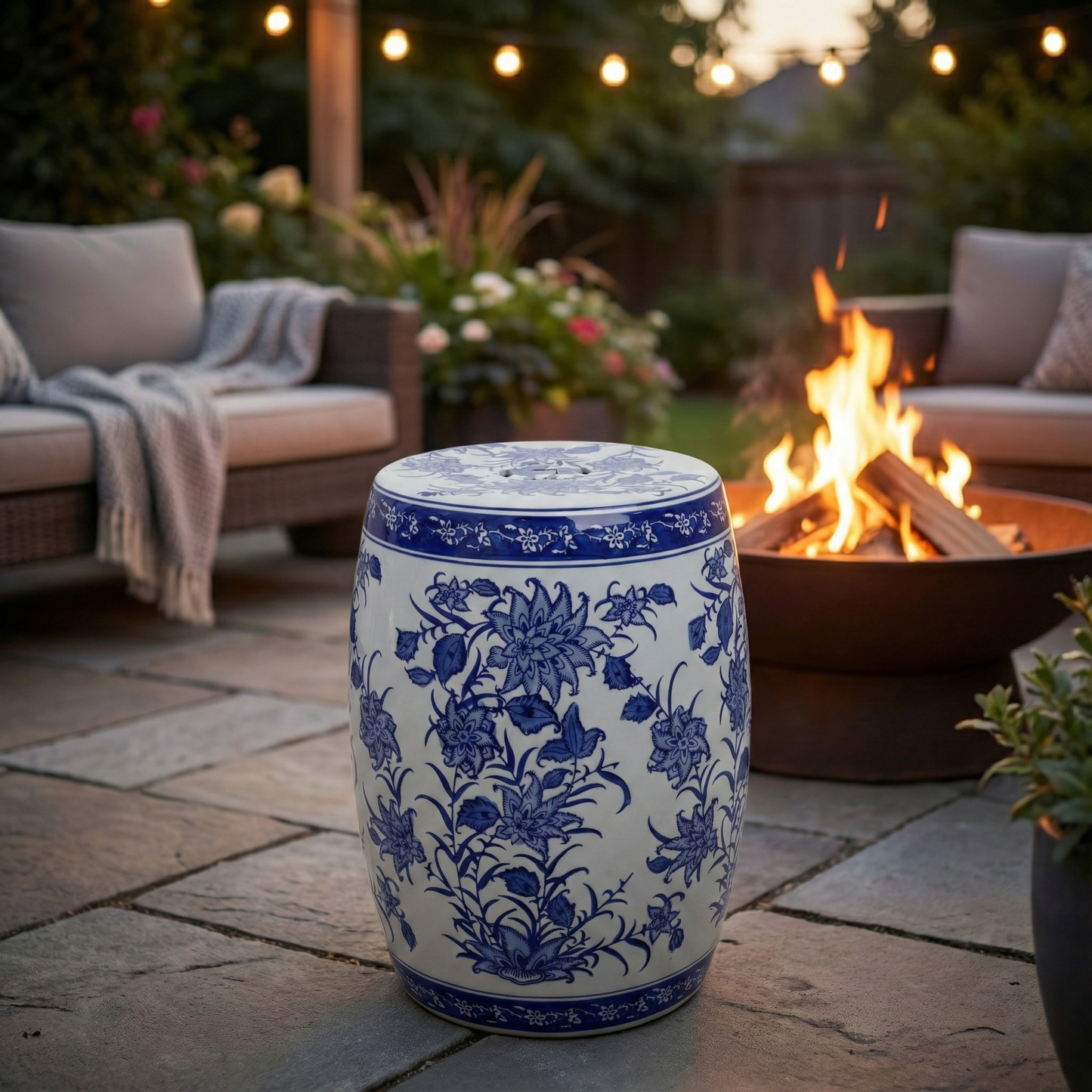 Stool - Blue Ceramic Pinwheel Flower Chinoiserie, 18 in.
