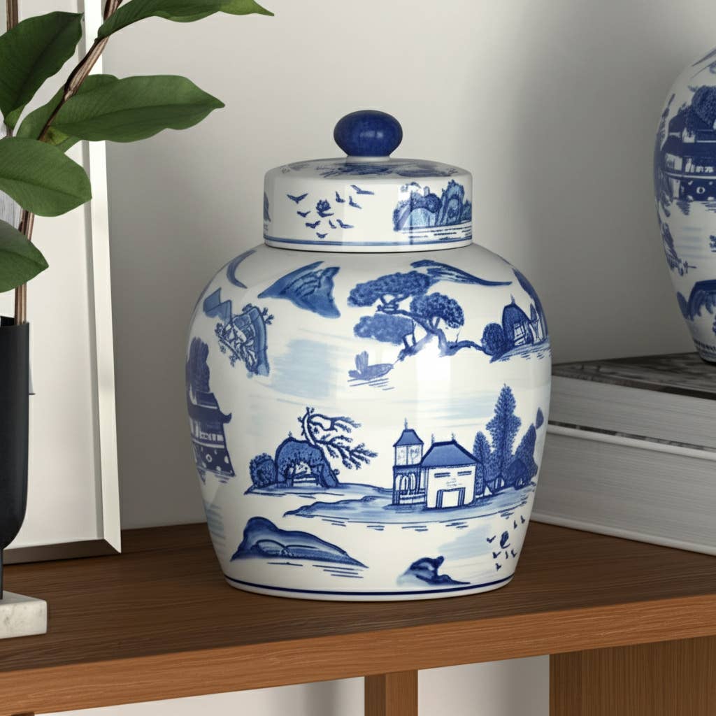 Decorative Jar - Blue Ceramic Accent Round Lidded, 10 in.