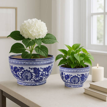 Planters Set of 2 - Blue/White Ceramic Chinoiserie, 9/11 in.