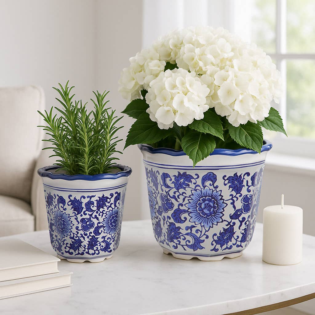 Ceramic Chinoiserie Pot Planters Set of 2 - Blue, 6/8 in.