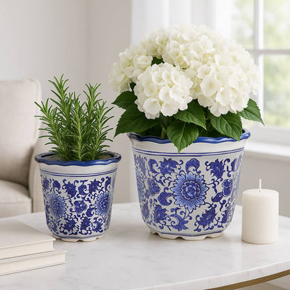 Ceramic Chinoiserie Pot Planters Set of 2 - Blue, 6/8 in.