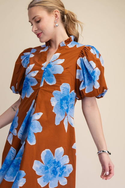 Ruffle V-Neck Puff Sleeve Waist Pleated Midi Dress