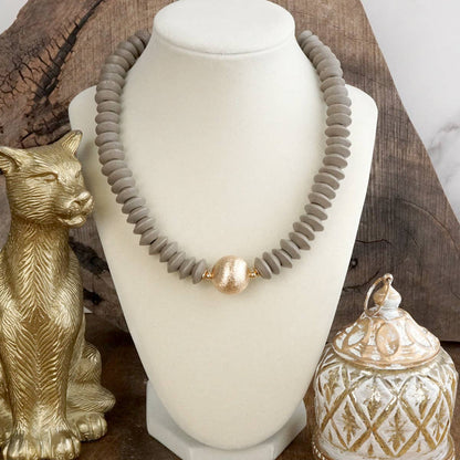 Wood Saucer Beads Short Statement Necklace Gold center Hot Pink Beige Turquoise