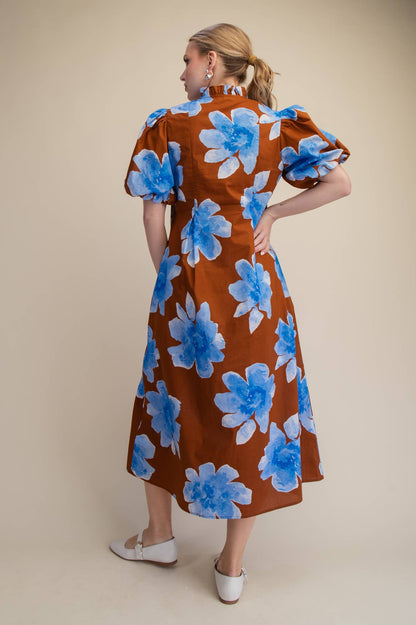 Ruffle V-Neck Puff Sleeve Waist Pleated Midi Dress