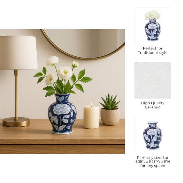 Decorative Vase - Blue Ceramic Floral Chinoiserie, 9 in.