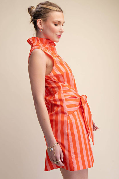 Ruffle Neck Sleeveless Waist Tie Detail Stripe Mini Dress