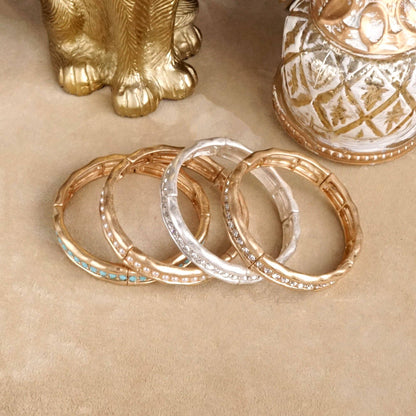 Minimalist Crystal & Pearl Bangle Bracelet – Brushed Gold or Silver