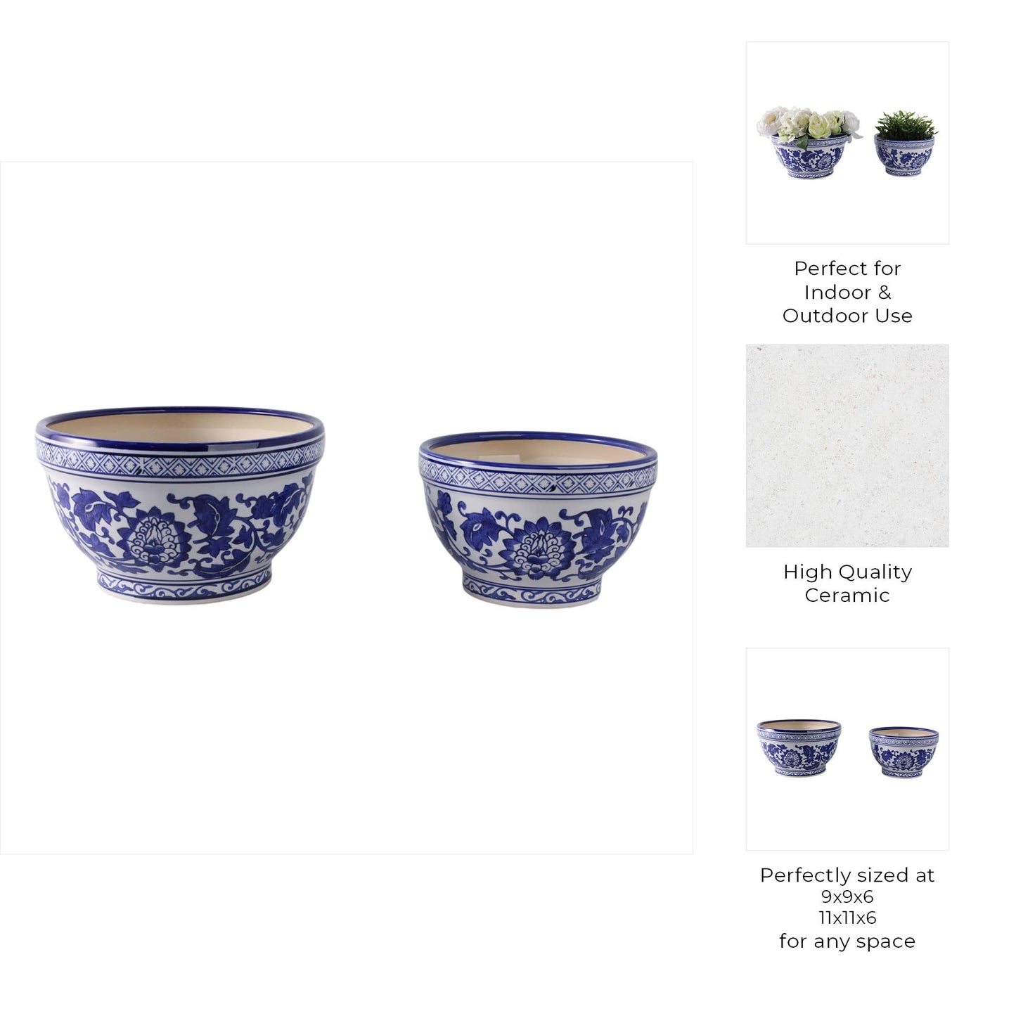 Planters Set of 2 - Blue/White Ceramic Chinoiserie, 9/11 in.