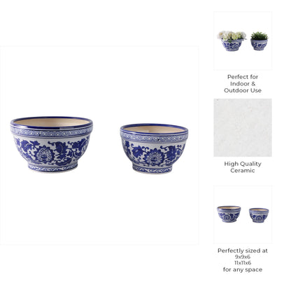 Planters Set of 2 - Blue/White Ceramic Chinoiserie, 9/11 in.