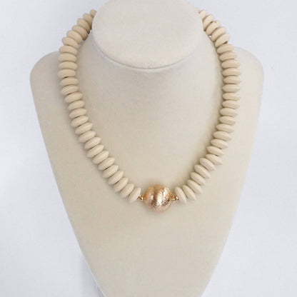 Wood Saucer Beads Short Statement Necklace Gold center Hot Pink Beige Turquoise