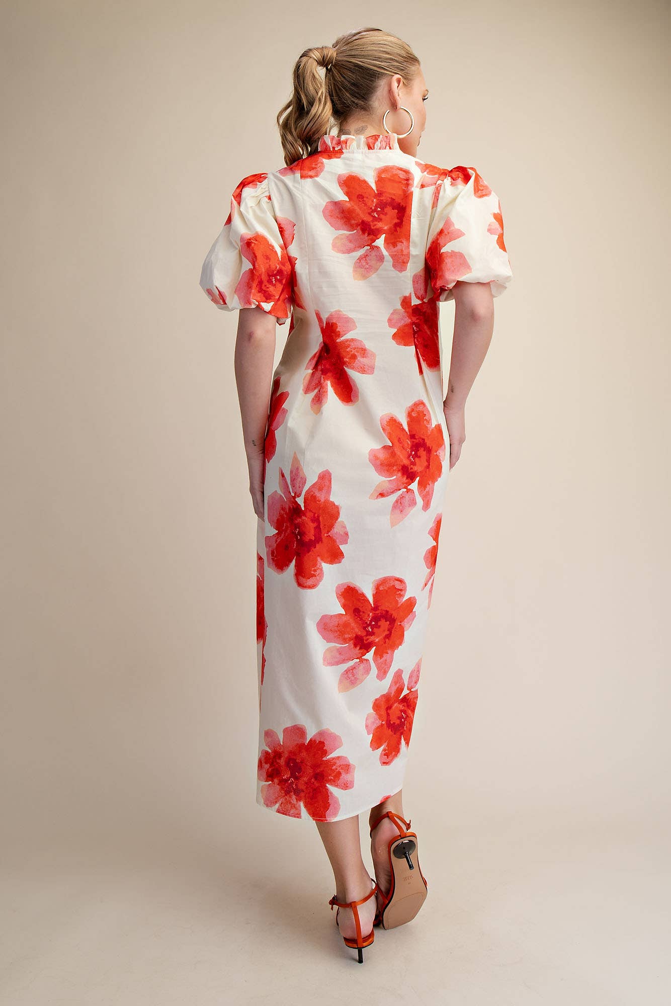 Ruffle V-Neck Puff Sleeve Waist Pleated Midi Dress