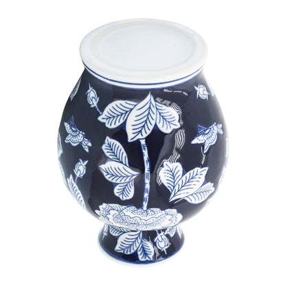 Decorative Vase - Blue Ceramic Floral Chinoiserie, 9 in.