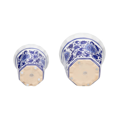 Ceramic Chinoiserie Pot Planters Set of 2 - Blue, 6/8 in.