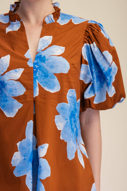 Ruffle V-Neck Puff Sleeve Waist Pleated Midi Dress