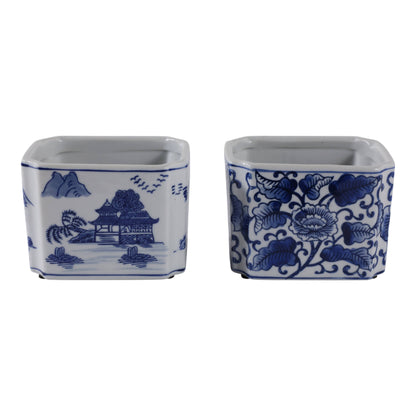 Pencil Cups Set of 2 - Blue/White Ceramic Rectangle, 4 in.