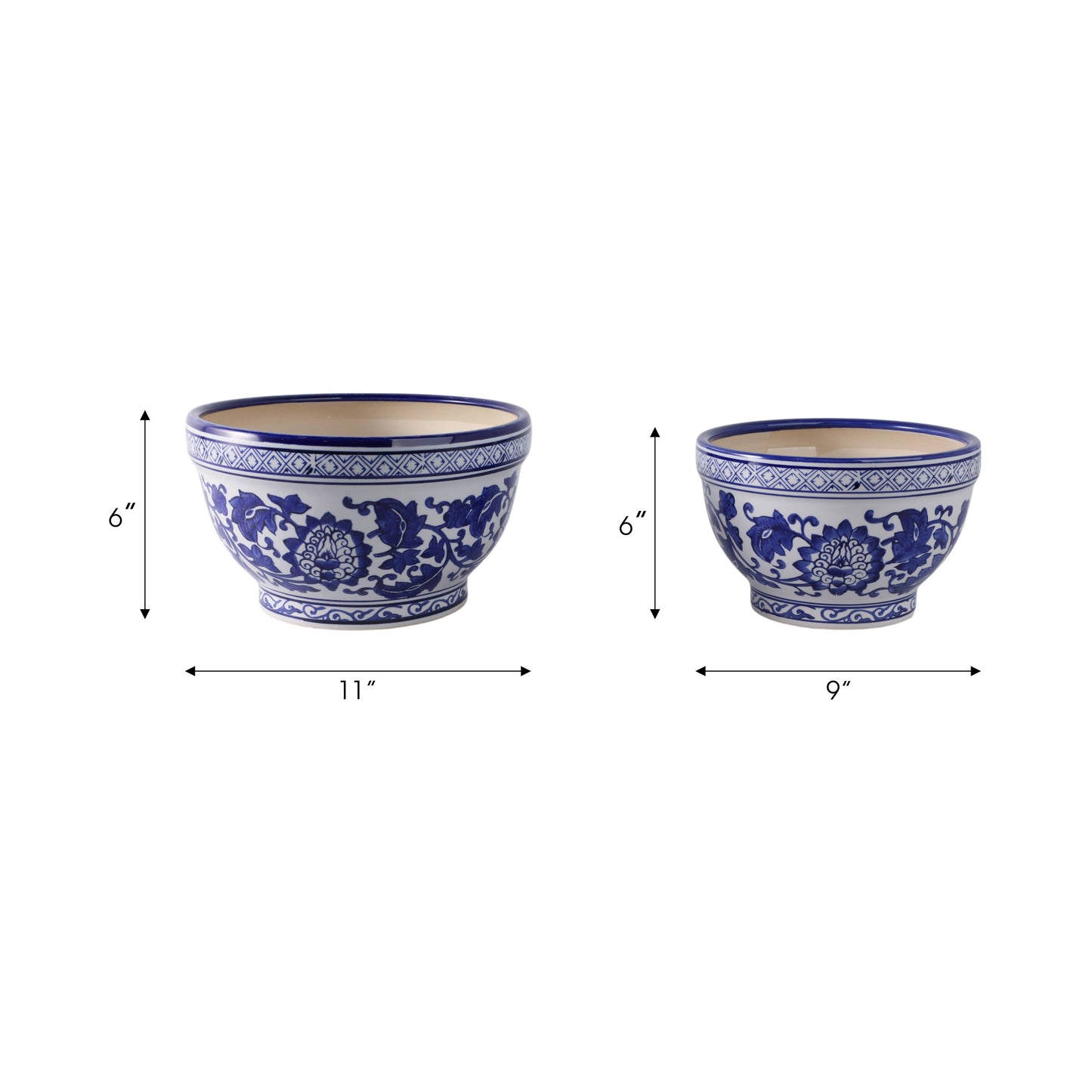 Planters Set of 2 - Blue/White Ceramic Chinoiserie, 9/11 in.