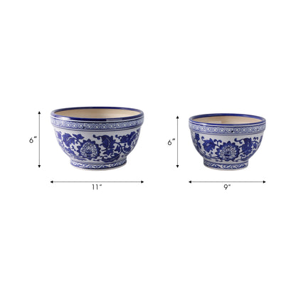 Planters Set of 2 - Blue/White Ceramic Chinoiserie, 9/11 in.