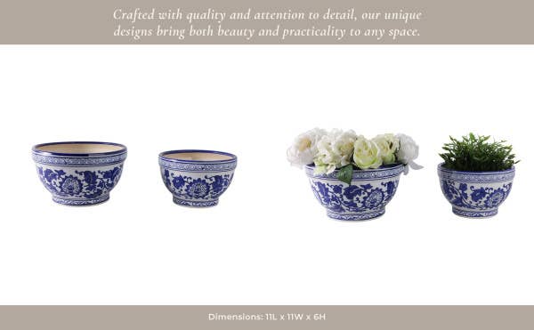 Planters Set of 2 - Blue/White Ceramic Chinoiserie, 9/11 in.