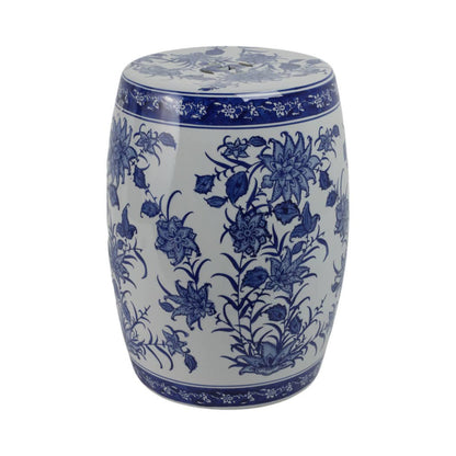 Stool - Blue Ceramic Pinwheel Flower Chinoiserie, 18 in.