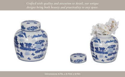 Decorative Jar - Blue Ceramic Accent Round Lidded, 10 in.