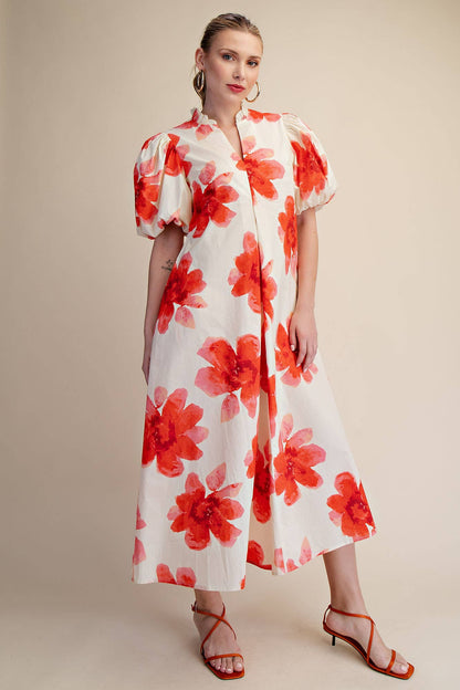 Ruffle V-Neck Puff Sleeve Waist Pleated Midi Dress