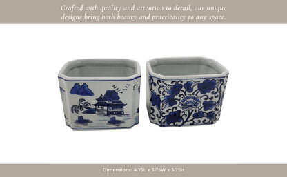 Pencil Cups Set of 2 - Blue/White Ceramic Rectangle, 4 in.