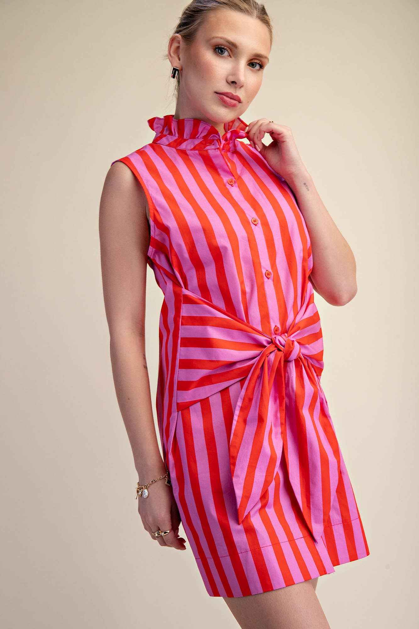 Ruffle Neck Sleeveless Waist Tie Detail Stripe Mini Dress