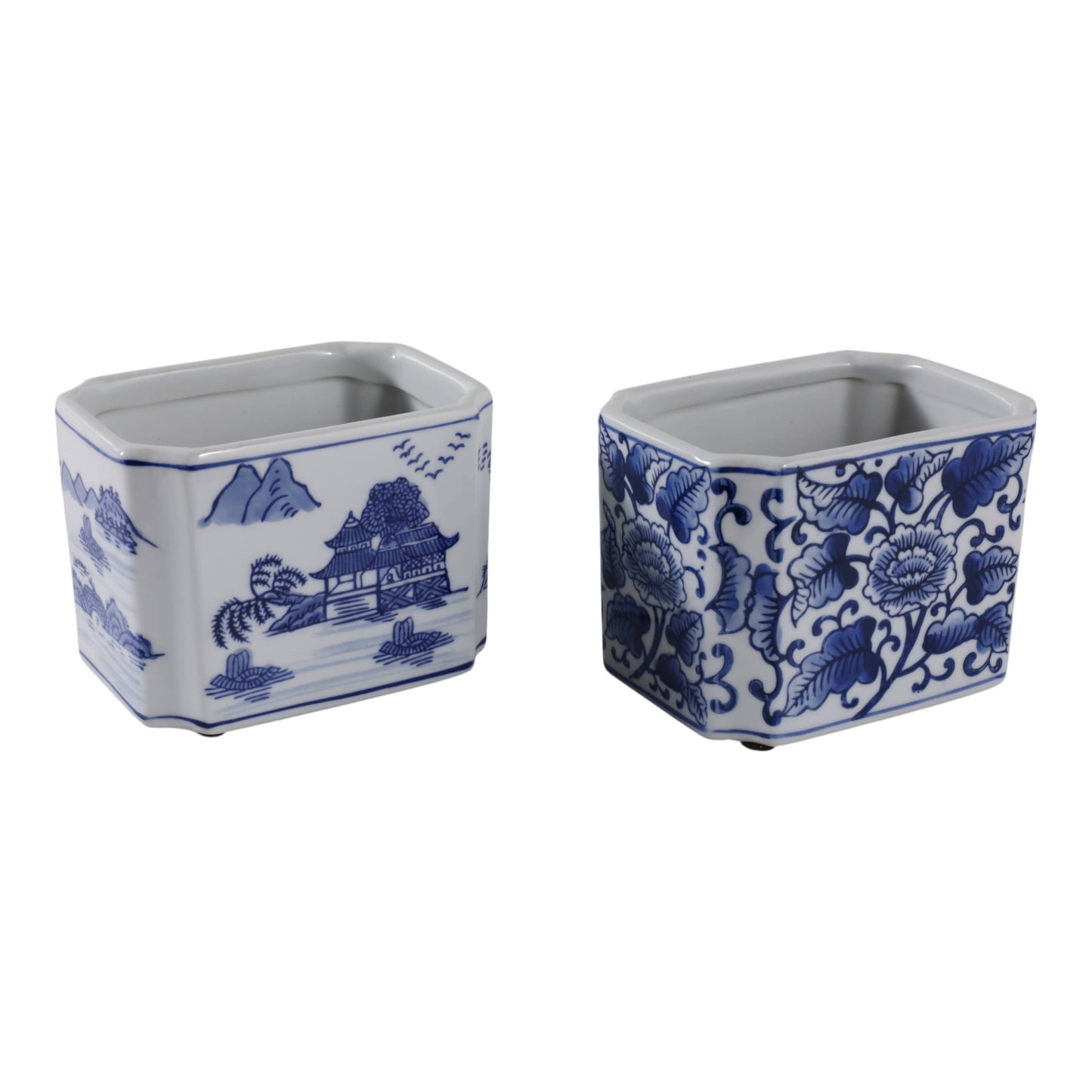 Pencil Cups Set of 2 - Blue/White Ceramic Rectangle, 4 in.