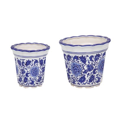 Ceramic Chinoiserie Pot Planters Set of 2 - Blue, 6/8 in.