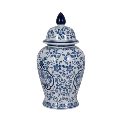 Temple Jar - White/Blue Ceramic Chinoiserie Charm, 18 in.