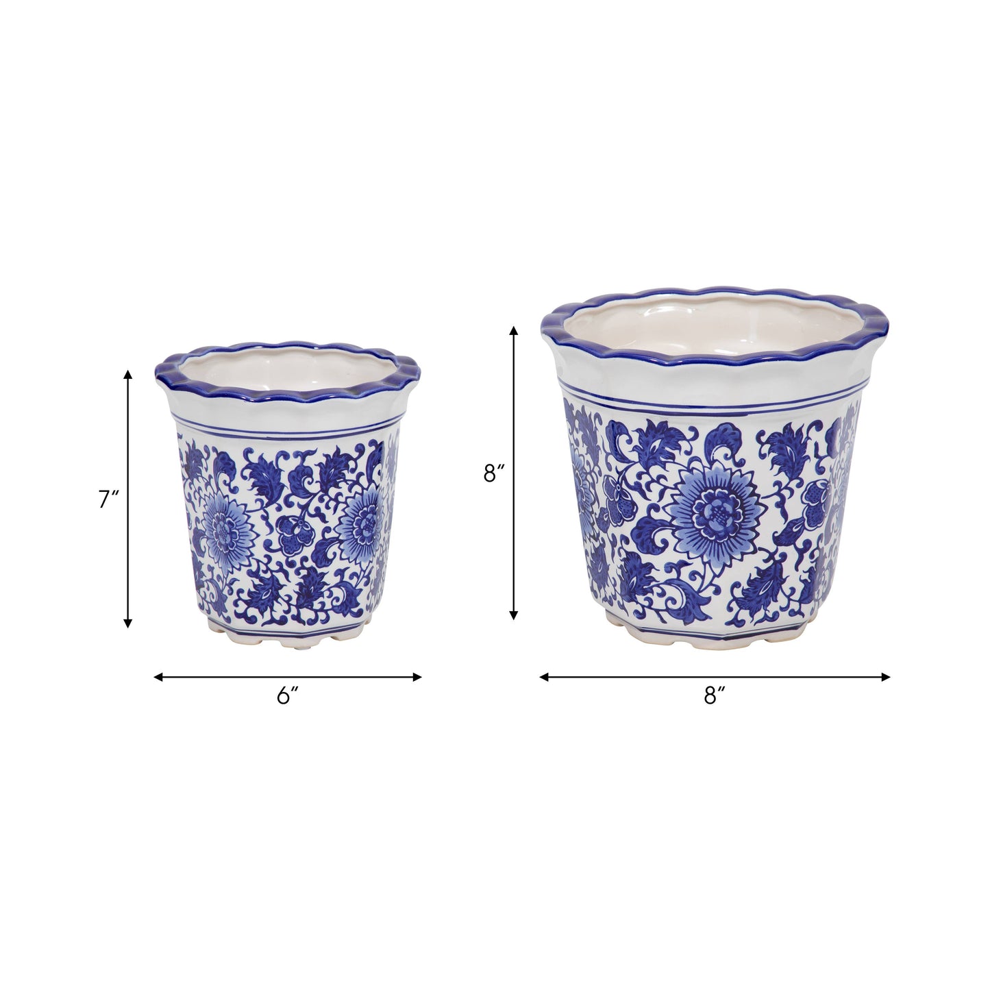 Ceramic Chinoiserie Pot Planters Set of 2 - Blue, 6/8 in.