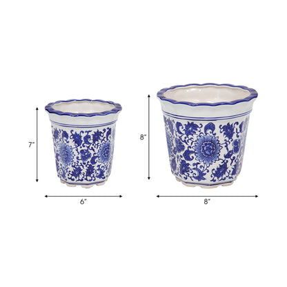 Ceramic Chinoiserie Pot Planters Set of 2 - Blue, 6/8 in.