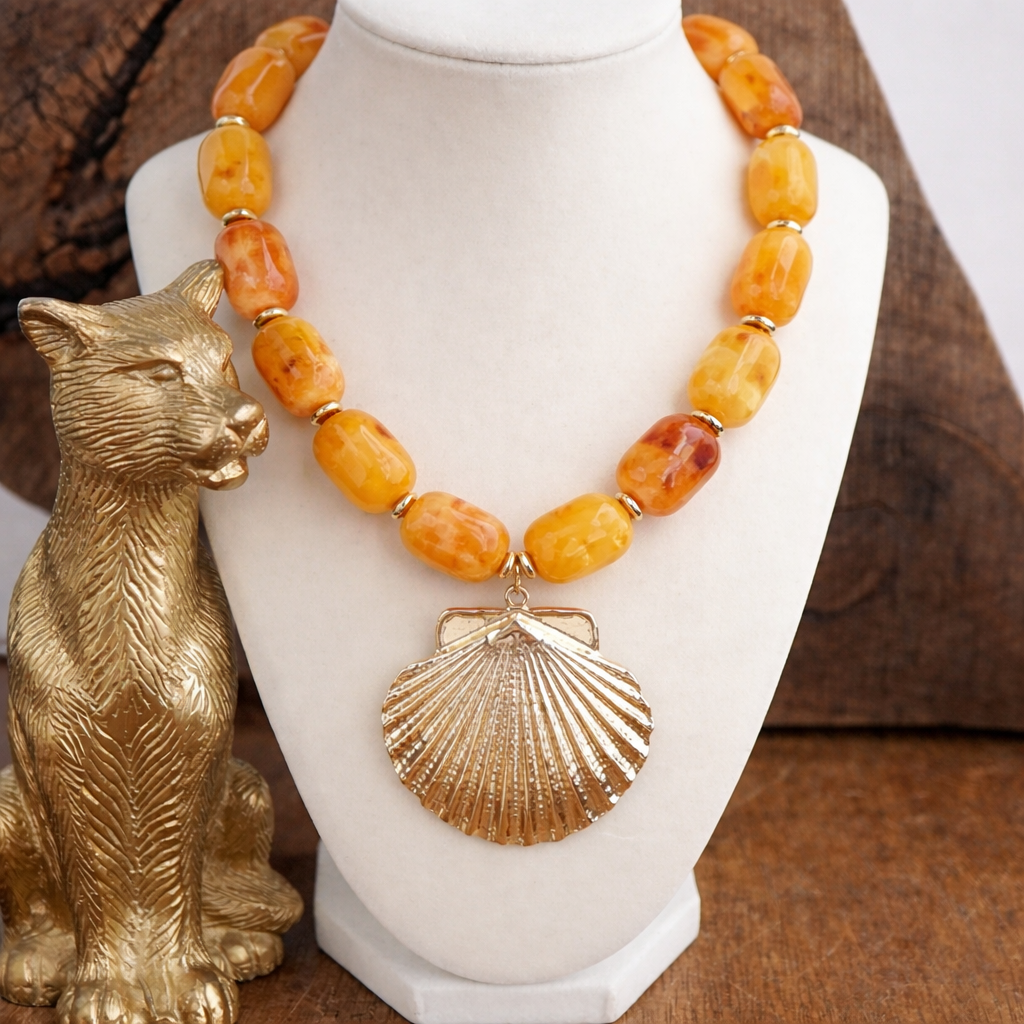 Golden Shoreline – Shell Pendant Beaded Necklace